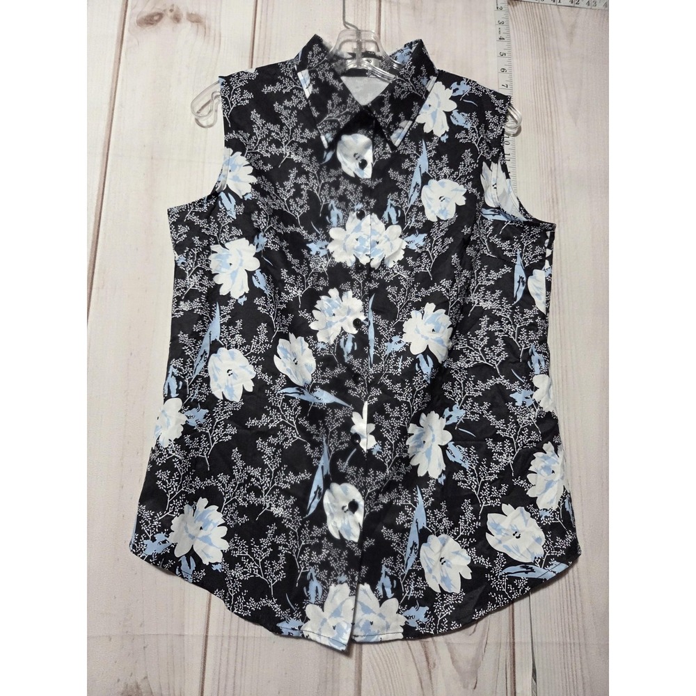 Whimsigoth Shirt Womens Medium Black White Blue Floral Sleeveless Button Up‎ Top
